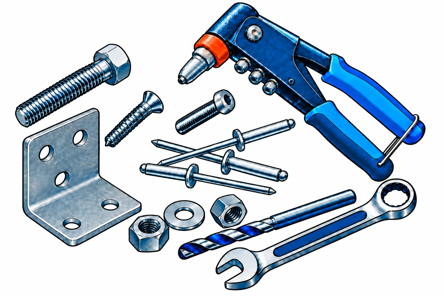 Locker angeordnete, gezeichnete Komposition aus Schrauben, überkreuzten Blindnieten, Sechskantmuttern, Unterlegscheibe, Metallwinkel, Bohrer, Schraubenschlüssel und Nietzange